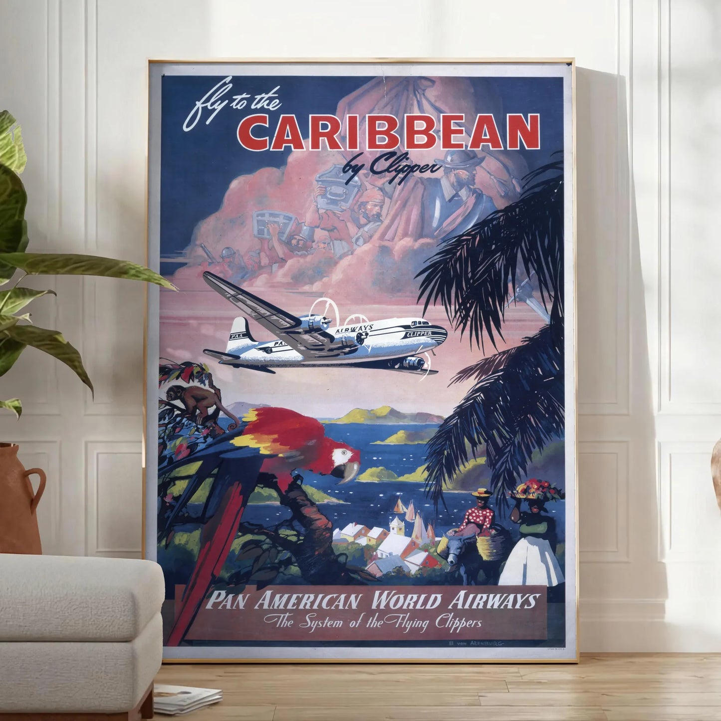 vibrant charm Caribbean American World Airways captivating travel art poster lush greens tranquil blues perfect wall unique gift space stunning artwork available