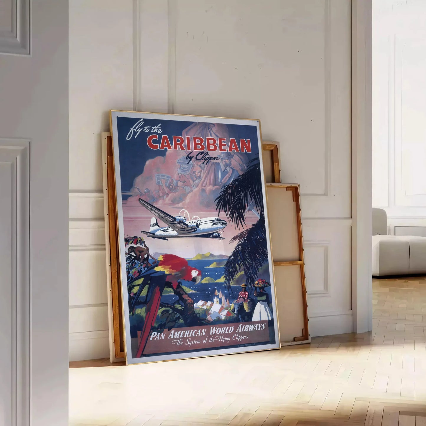 vibrant charm Caribbean American World Airways captivating travel art poster lush greens tranquil blues perfect wall unique gift space stunning artwork available