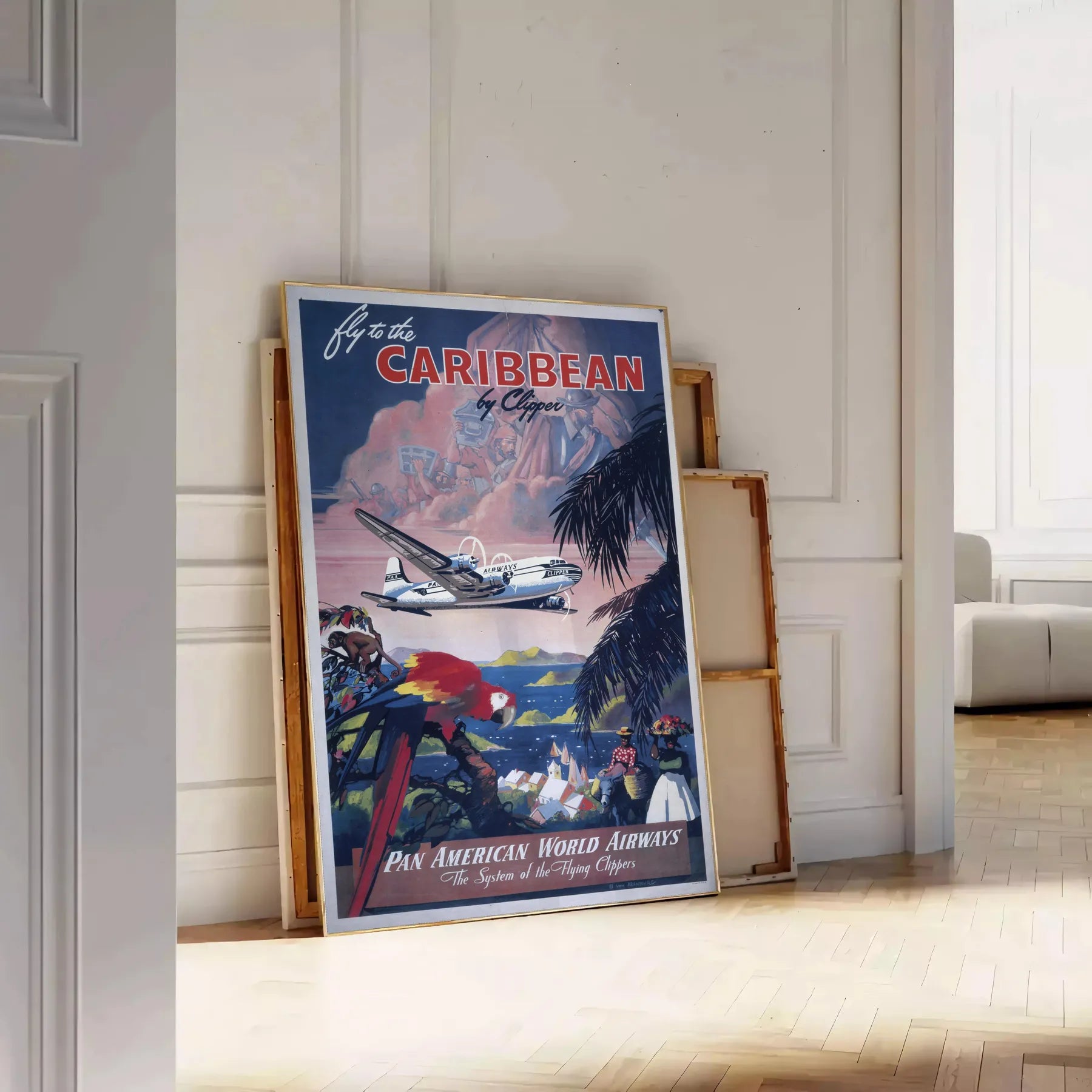 vibrant charm Caribbean American World Airways captivating travel art poster lush greens tranquil blues perfect wall unique gift space stunning artwork available