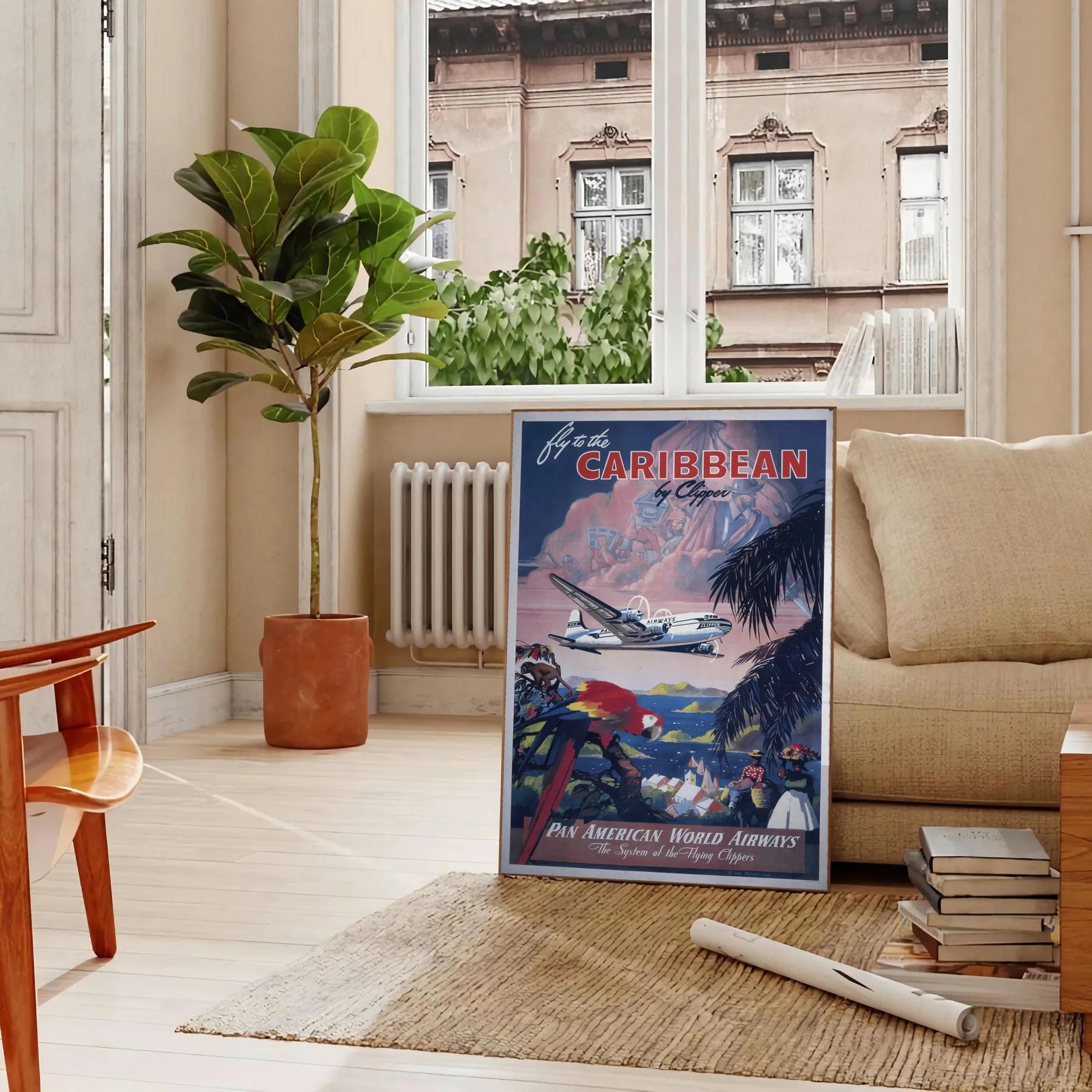 vibrant charm Caribbean American World Airways captivating travel art poster lush greens tranquil blues perfect wall unique gift space stunning artwork available