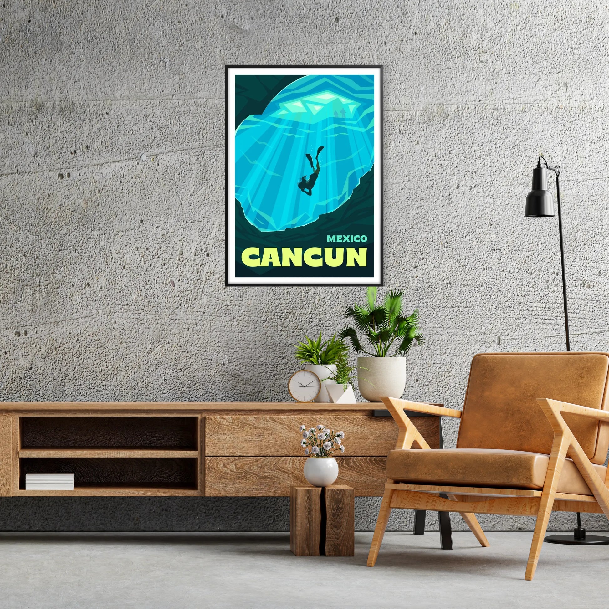 vibrant essence Cancun stunning poster lush greens deep blues wall art beach lovers unique gift travelers various sizes A4 cm A0 space artwork