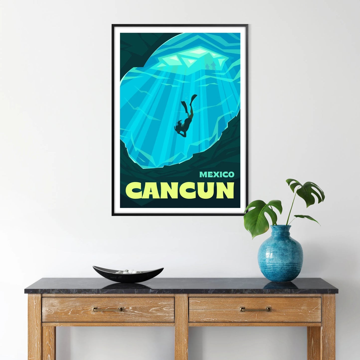 vibrant essence Cancun stunning poster lush greens deep blues wall art beach lovers unique gift travelers various sizes A4 cm A0 space artwork
