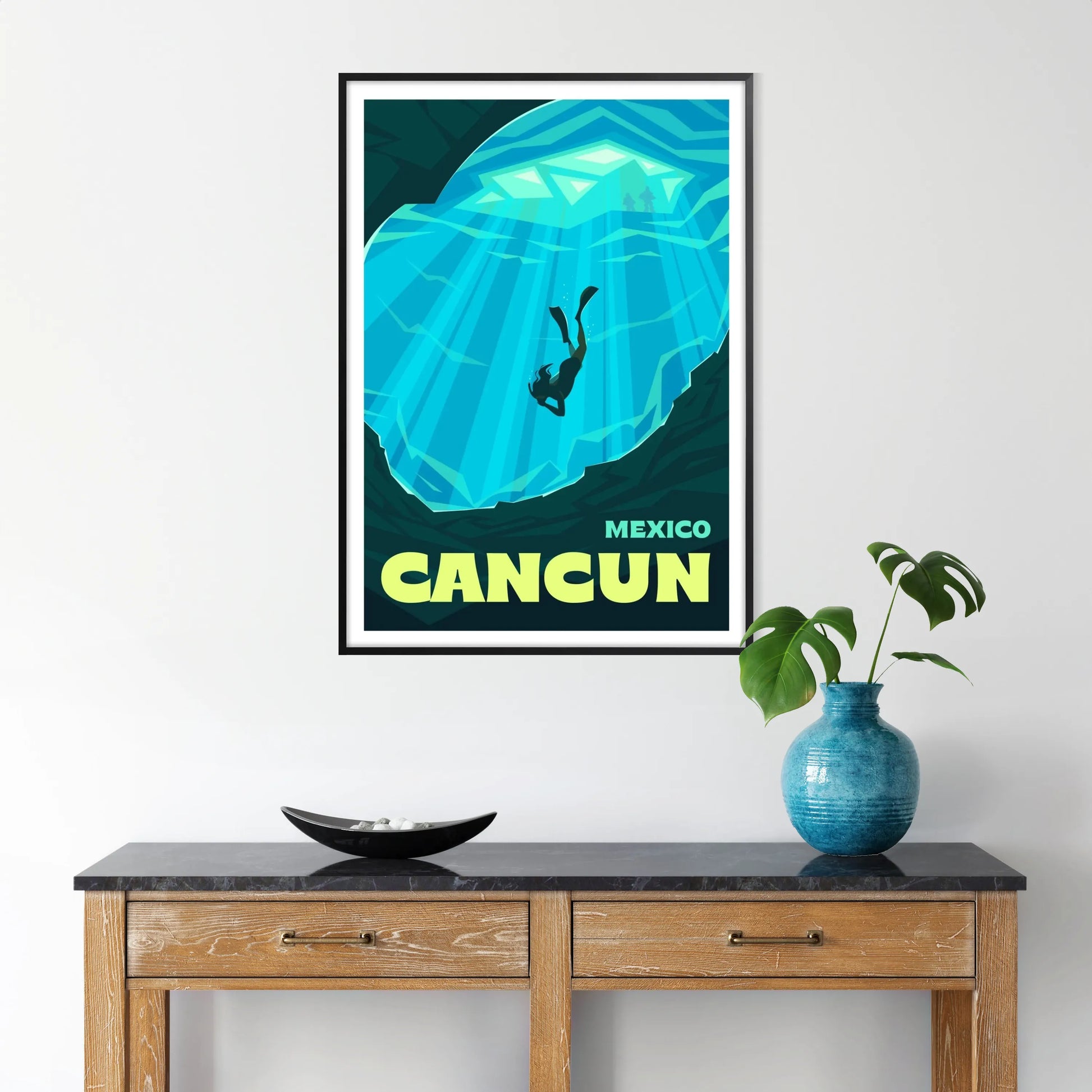 vibrant essence Cancun stunning poster lush greens deep blues wall art beach lovers unique gift travelers various sizes A4 cm A0 space artwork